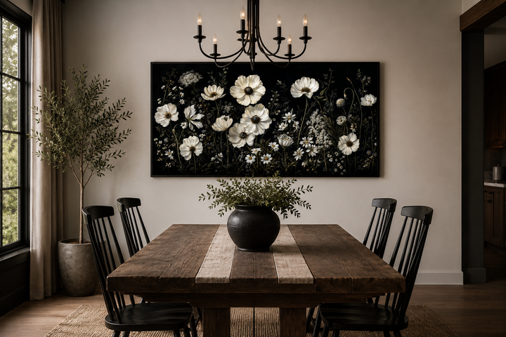 Moody framed canvas wall art of white wildflowers on a black background in a rustic dining room.