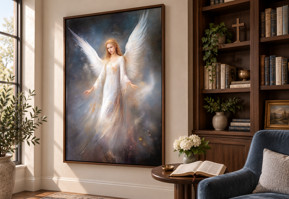 Framed canvas wall art of a serene white angel with large wings in a heavenly, ethereal glow.