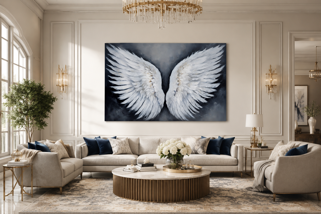 Large canvas wall art featuring detailed white angel wings on a dark grey background in a lounge.