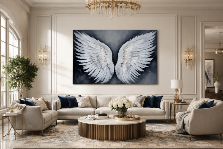 Large canvas wall art featuring detailed white angel wings on a dark grey background in a lounge.