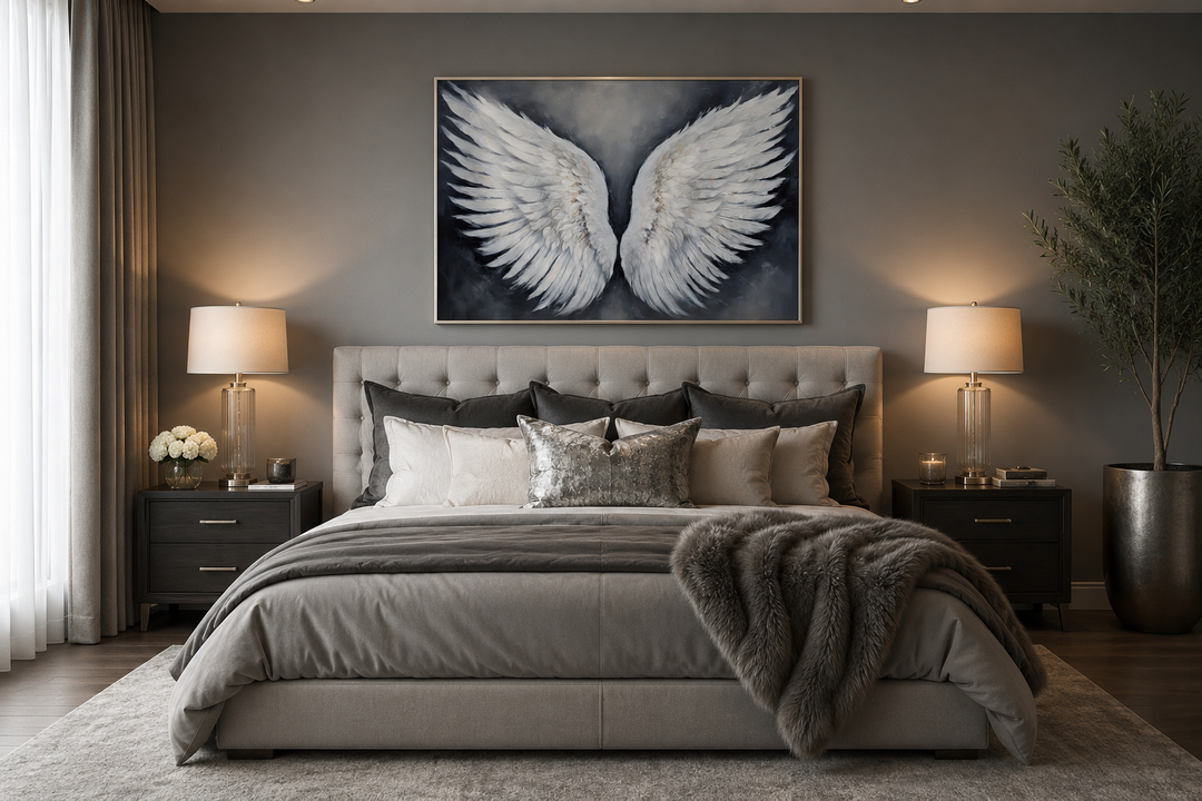 Framed canvas wall art of white angel wings on a grey background above a bed in a modern bedroom.