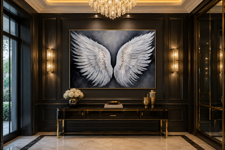 Large canvas wall art of white angel wings on a grey background in a black paneled room.