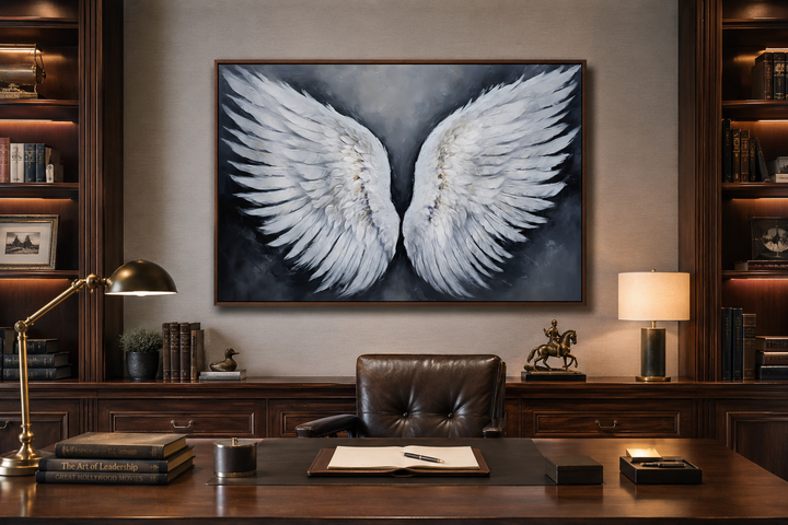 White angel wings canvas wall art in a dark wood frame hanging above a classic office desk.