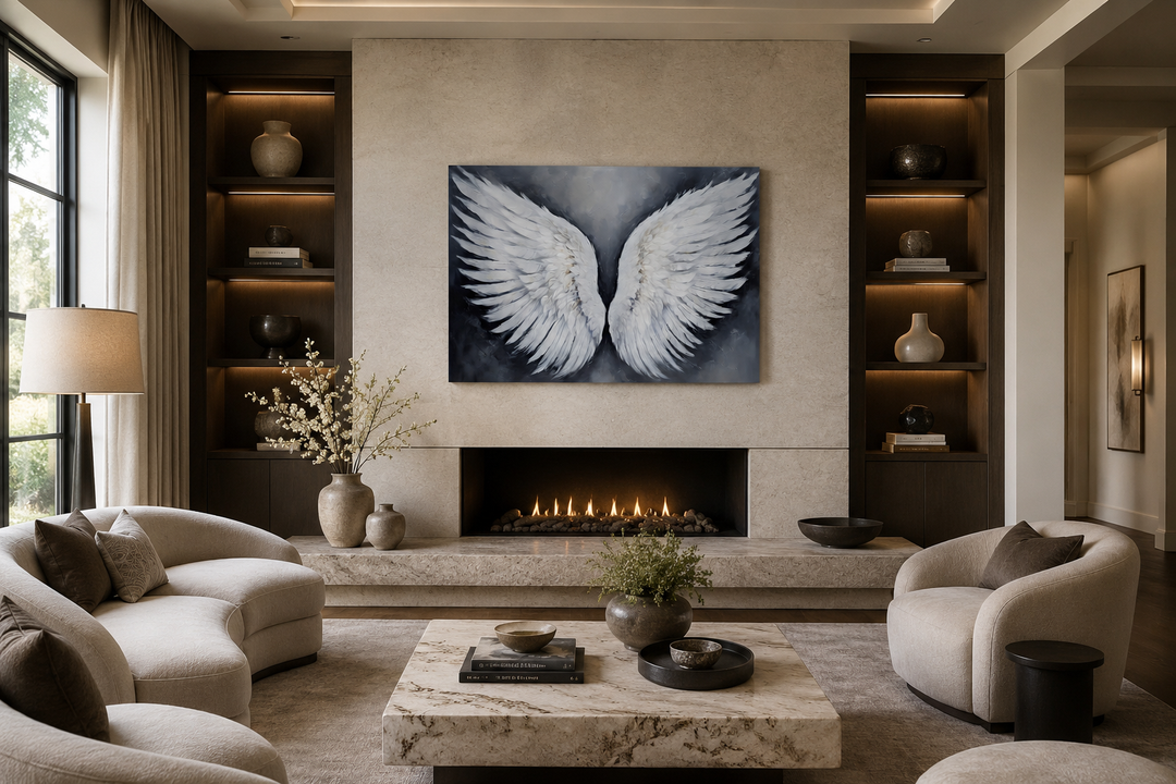 White angel wings canvas wall art centered above a modern fireplace in a neutral living room.