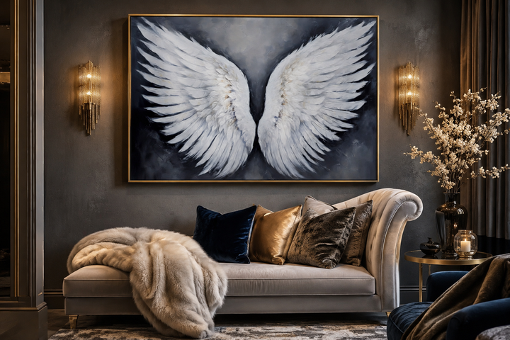 Large framed canvas art of white angel wings on a dark grey wall above a beige chaise lounge.