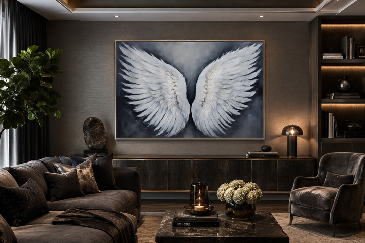 Large framed canvas art of white angel wings on a grey background in a modern living room.