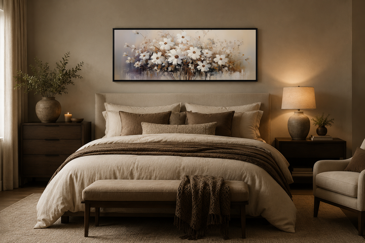 Framed horizontal canvas wall art of white wildflowers above a bed in a neutral farmhouse bedroom.