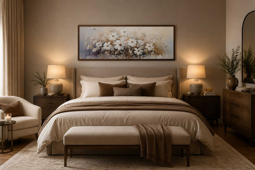 Horizontal framed canvas wall art featuring white wildflowers above a beige upholstered bed.