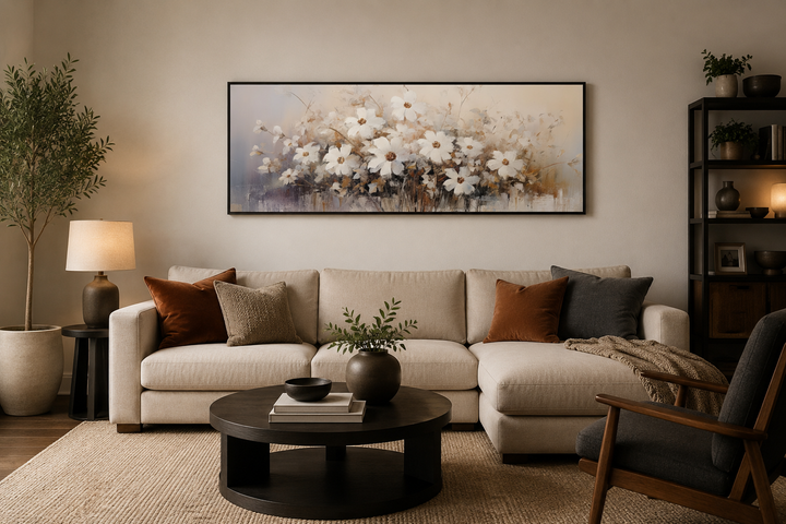 Framed horizontal canvas art of white wildflowers on a neutral beige background above a sofa.