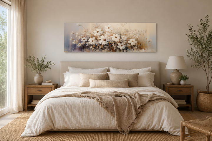 White and beige neutral wildflowers framed canvas wall art in a panoramic format above a bed.