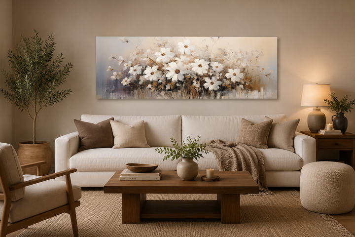 Panoramic framed canvas wall art of white wildflowers in a neutral beige living room setting.
