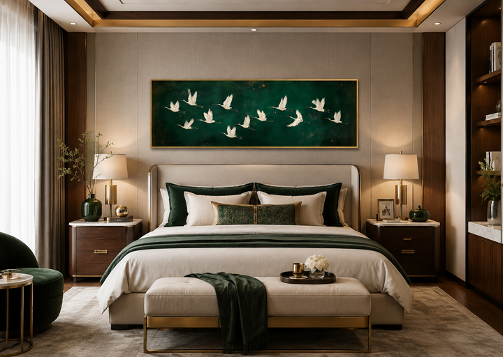 White birds flying across a long horizontal emerald green canvas wall art above a bedroom headboard.