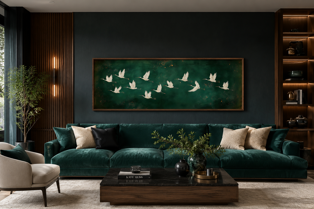 Long horizontal emerald green canvas wall art featuring a flock of white birds in flight.