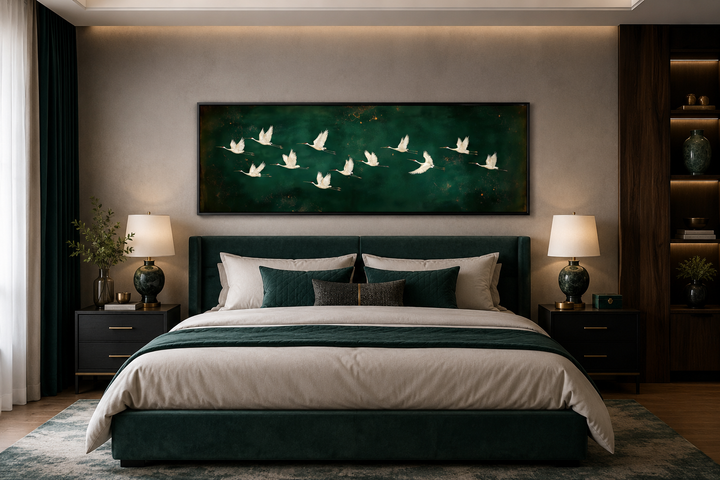 White birds flying across a long horizontal emerald green canvas wall art above a bed.