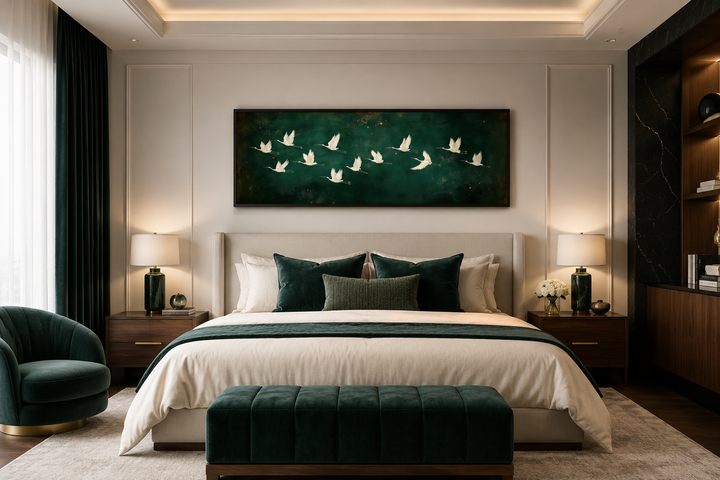 Long horizontal emerald green canvas wall art featuring a flock of white birds flying in flight.
