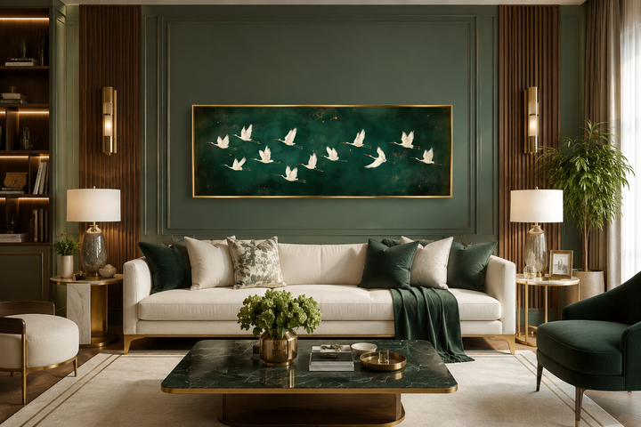 Long horizontal emerald green canvas wall art featuring white birds flying above a white sofa.