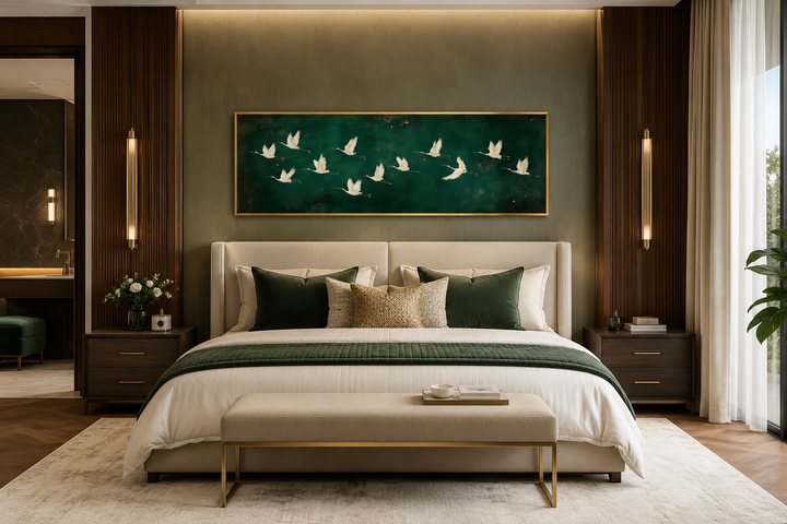 Long horizontal emerald green canvas wall art featuring white birds flying over a bed.