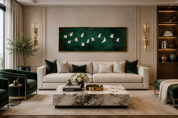 White birds flying long horizontal emerald green canvas wall art above a white sofa in a living room.