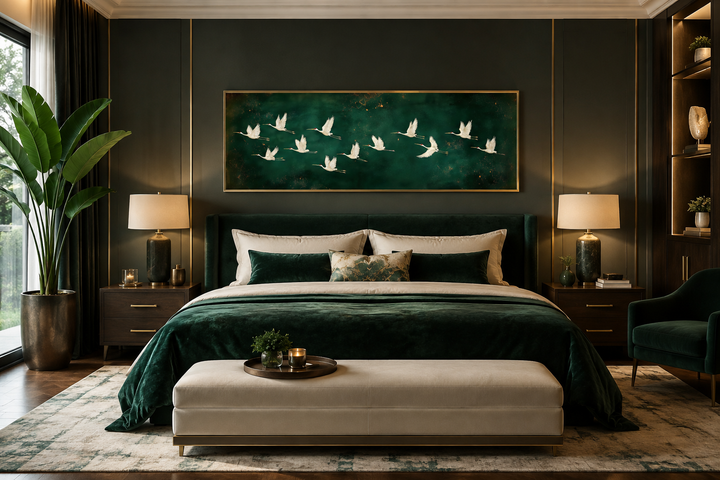 Long horizontal emerald green canvas wall art featuring a flock of white birds flying in flight.