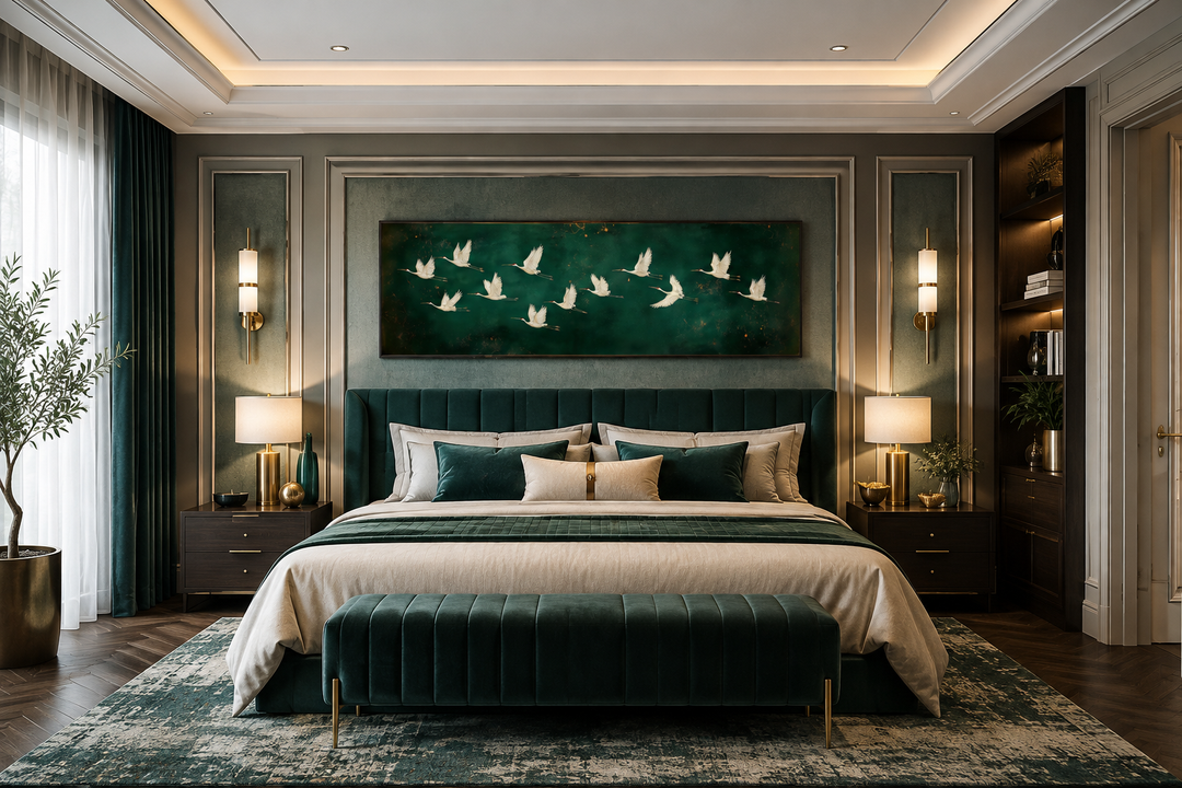 White birds flying long horizontal emerald green canvas wall art above a bed in a modern bedroom.