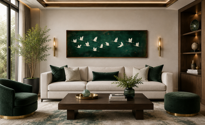 White birds flying across a long horizontal emerald green canvas wall art above a white sofa.