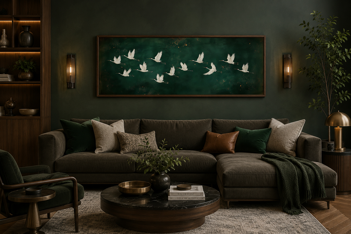 White birds flying across a long horizontal emerald green canvas wall art above a brown sofa.