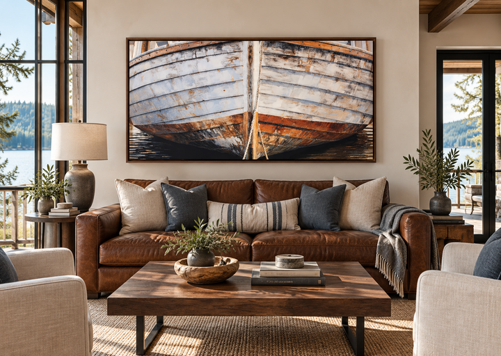Rustic white and brown canvas art of an old wooden boat hanging above a leather sofa in a cabin.