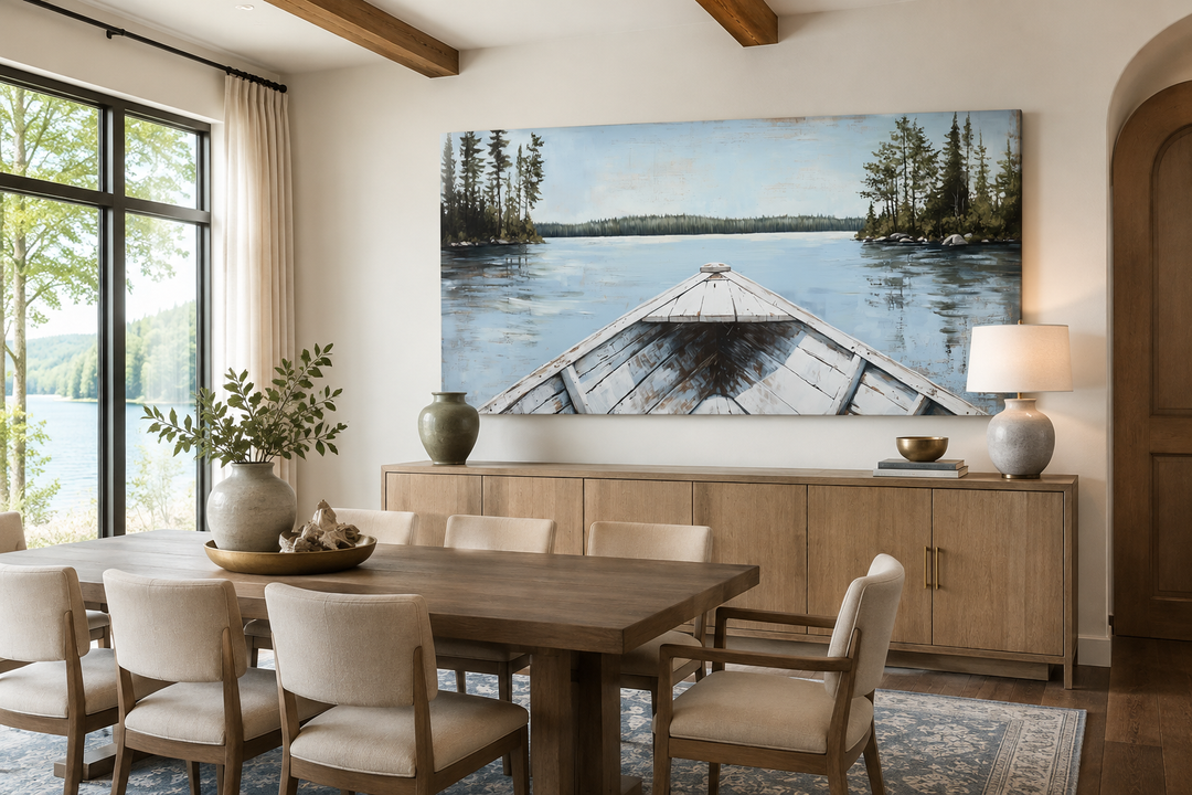 Large canvas wall art of a white canoe on a blue lake, hung above a wooden sideboard in a dining room.