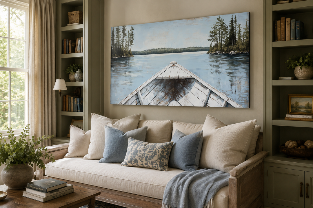 Lake View wall art featuring a white canoe on a blue lake with evergreens above a beige sofa.