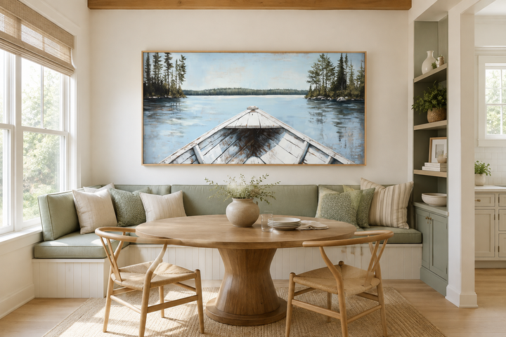 Large horizontal canvas of a white canoe on a blue lake, framed and hung in a rustic dining nook.