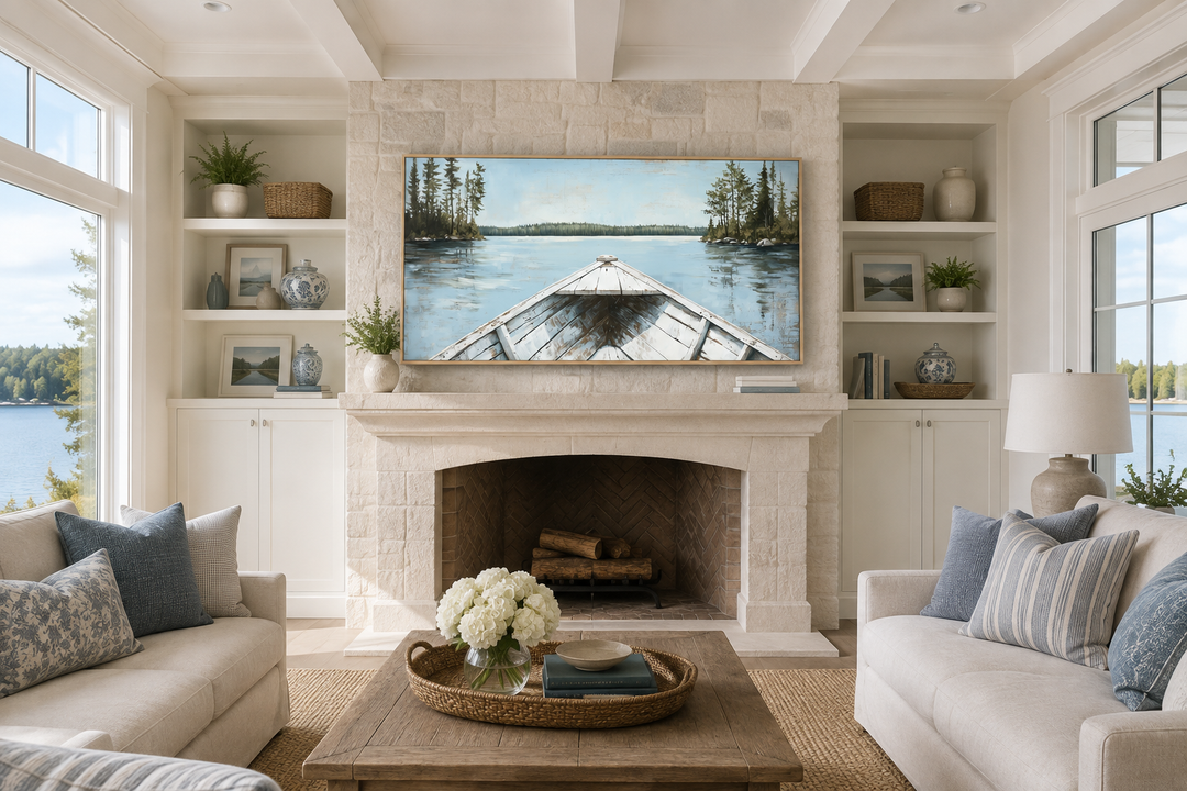 Lake View wall art of a white canoe on a blue lake, framed above a stone fireplace in a living room.
