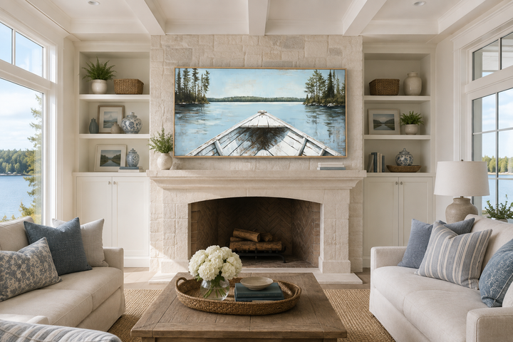 Lake View wall art of a white canoe on a blue lake, framed above a stone fireplace in a living room.