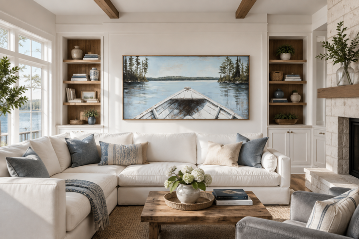 Large framed canvas art of a white canoe on a calm blue lake above a white sectional sofa.