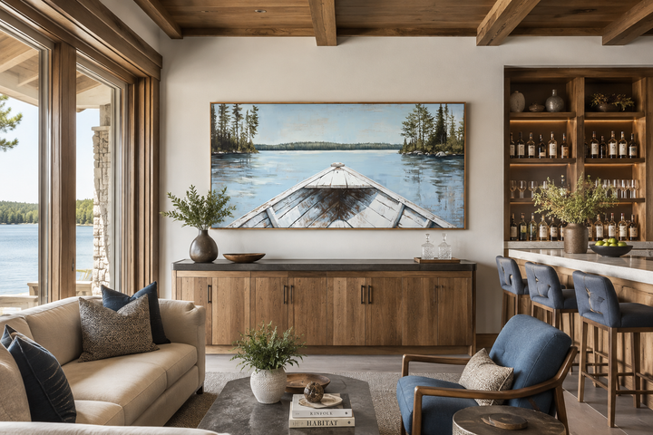 Large horizontal canvas of a white canoe on a blue lake with evergreens in a rustic living room.