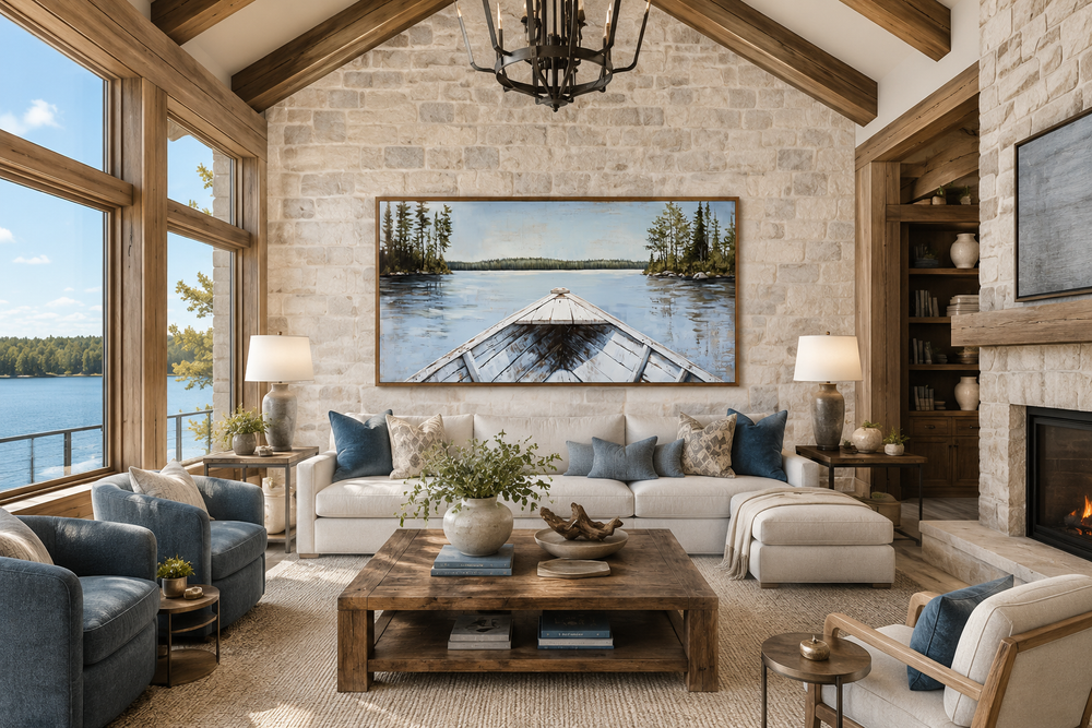 Large horizontal canvas art of a white canoe on a blue lake in a rustic living room with stone wall.
