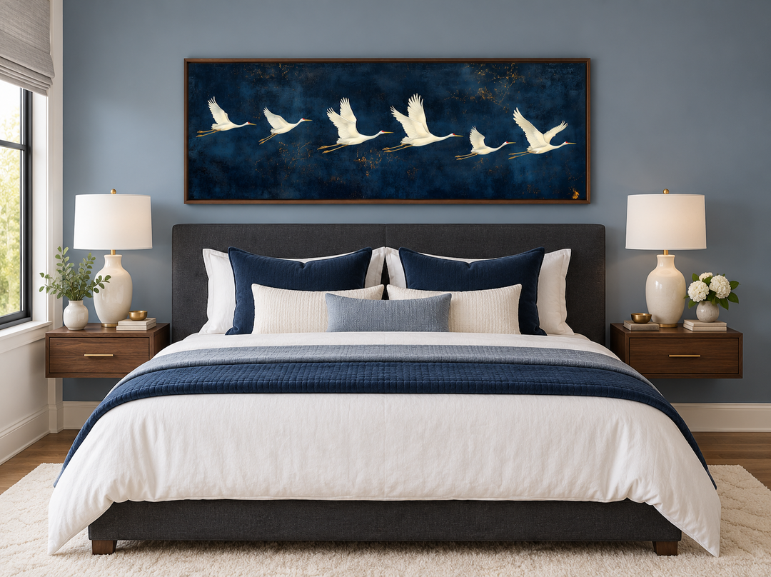 Panoramic navy blue canvas wall art featuring a horizontal procession of flying white cranes.