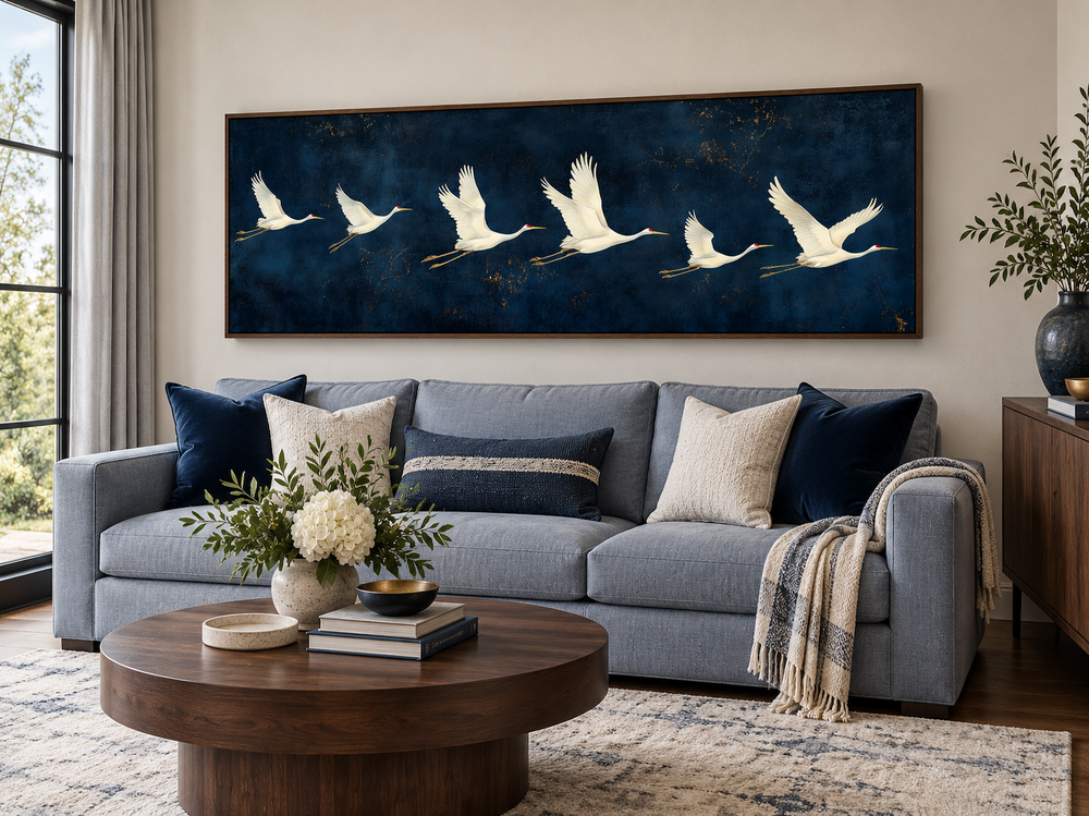 Panoramic navy blue canvas wall art featuring a horizontal procession of flying white cranes.