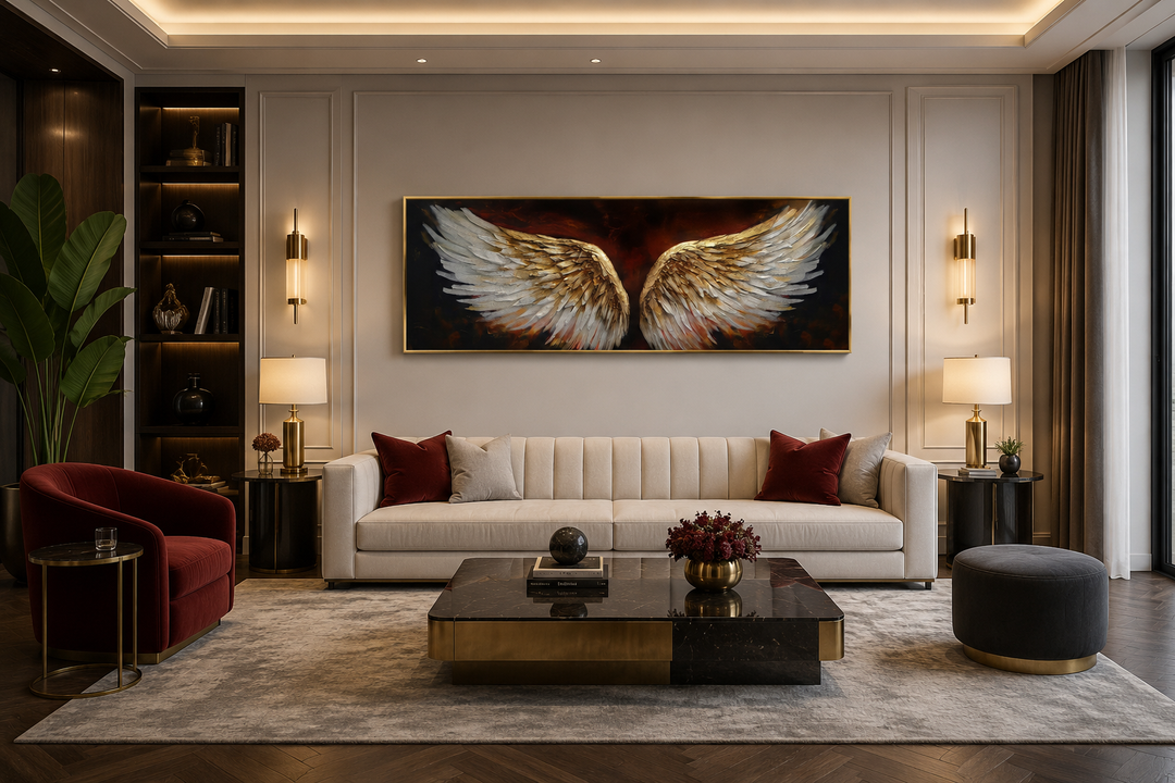 Horizontal framed canvas of white and gold angel wings on a brown background above a cream sofa.