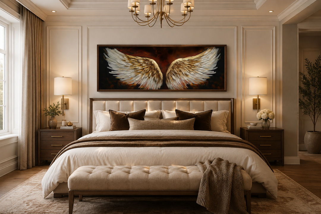 Horizontal framed canvas of white and gold angel wings on a brown background above a bed.