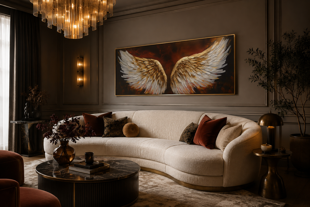 White gold angel wings on brown background horizontal framed canvas wall art above a curved sofa.