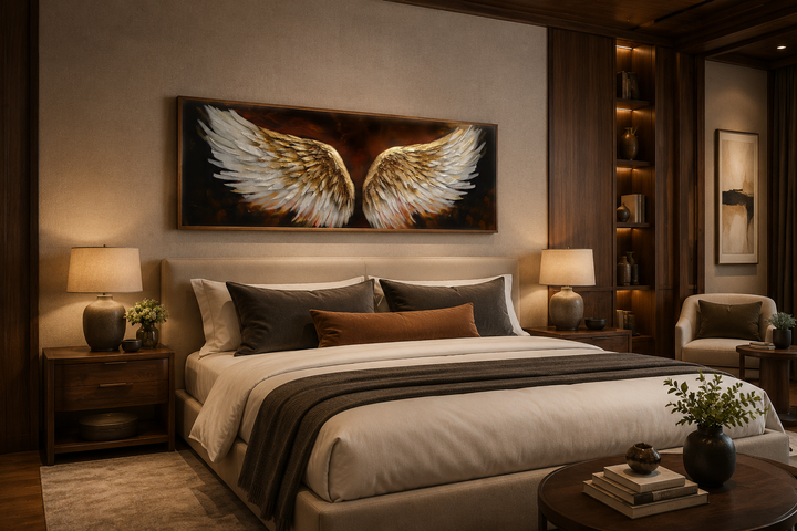 Horizontal framed canvas of white and gold angel wings on a brown background above a bed.