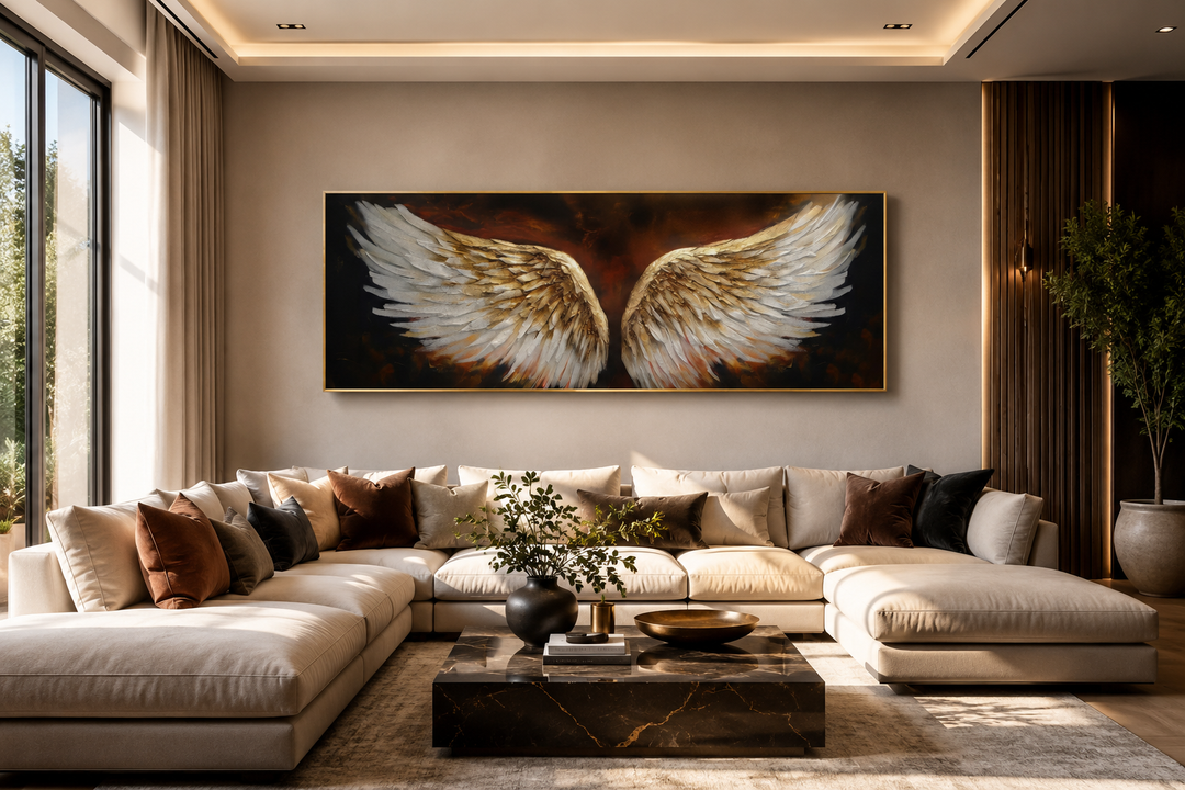 Horizontal framed canvas of white and gold angel wings on a brown background above a sofa.