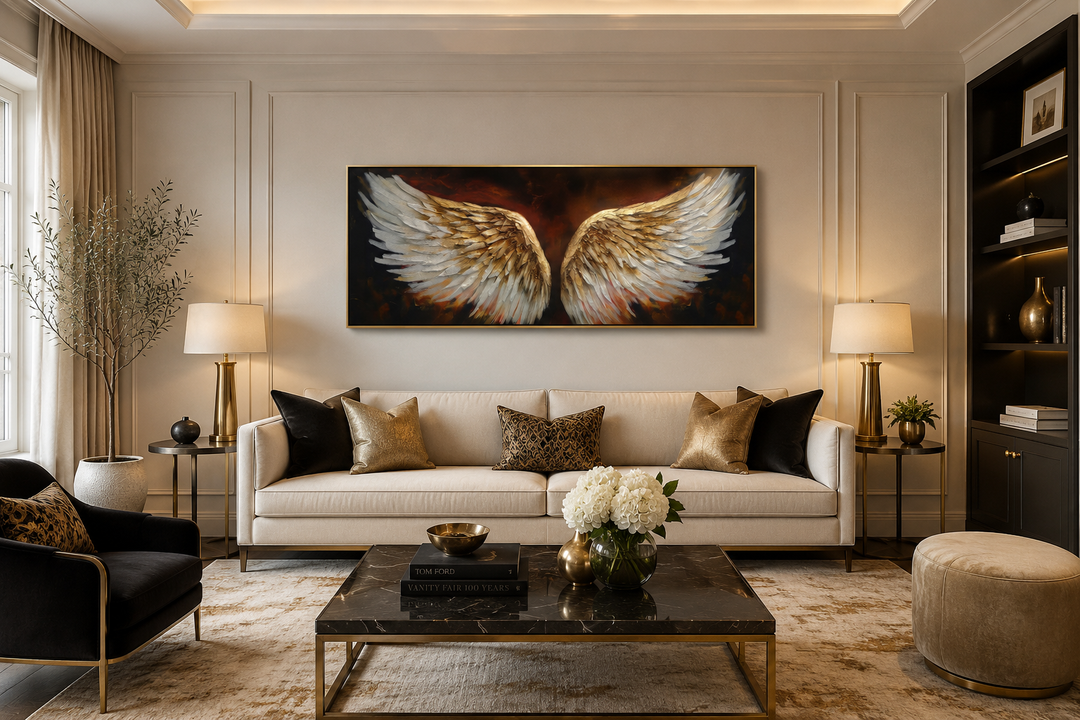 Horizontal framed canvas of white and gold angel wings on a brown background above a sofa.