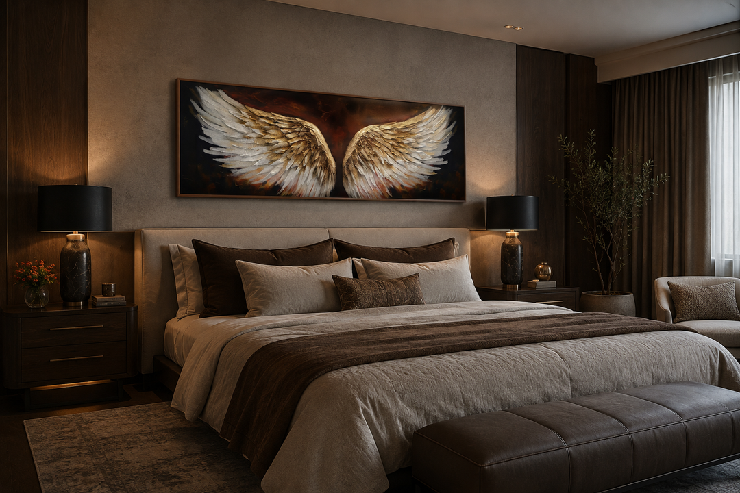 Horizontal framed canvas of white and gold angel wings on a brown background above a bed.