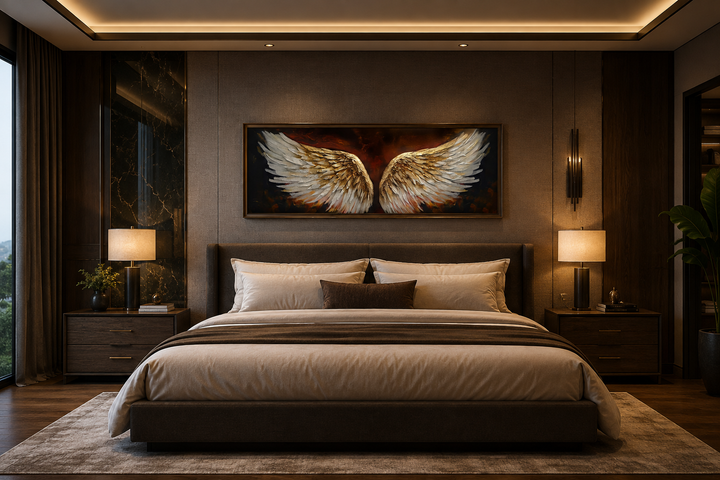 Horizontal framed canvas of white gold angel wings on a brown background above a bed.