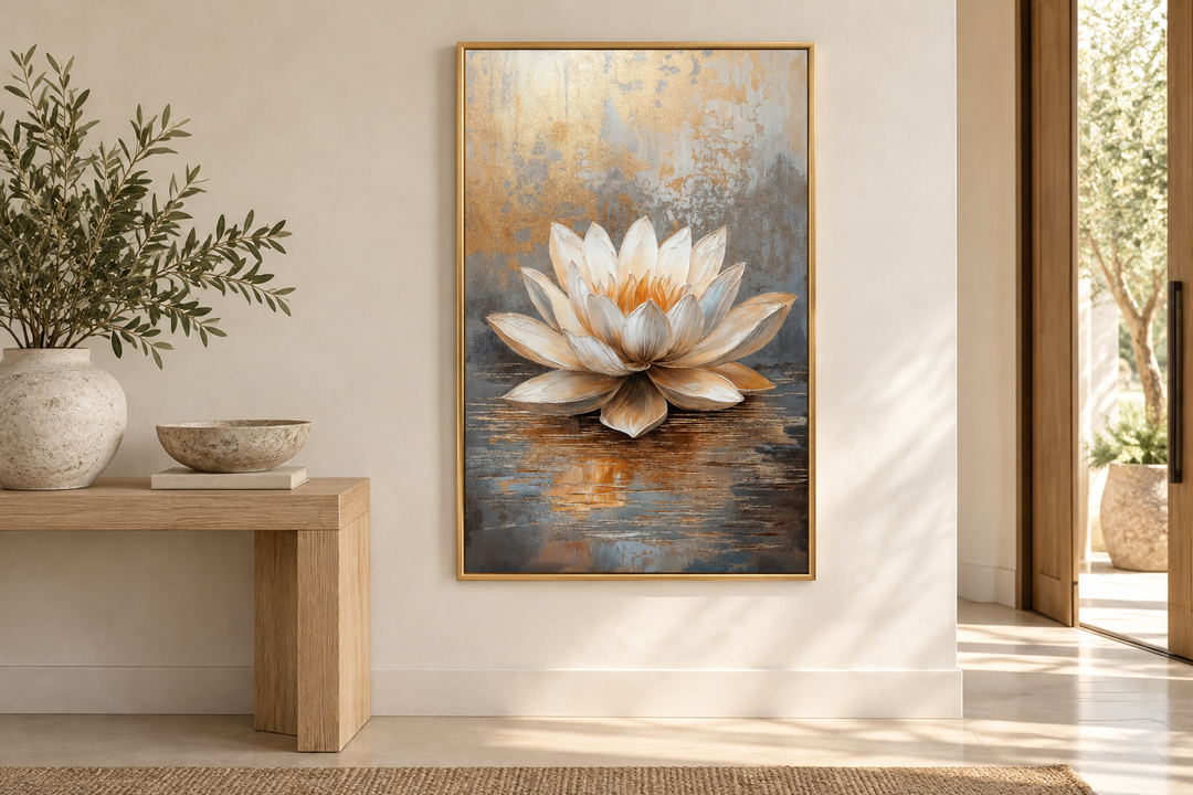 Vertical canvas art of a white and gold lotus flower on a textured grey and gold background.
