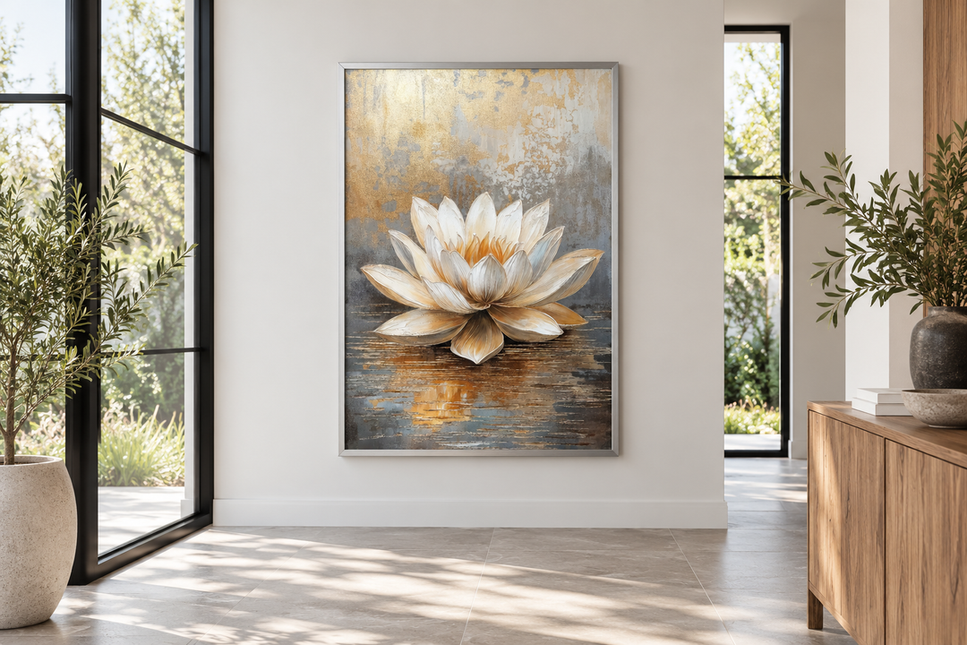 Vertical canvas print of a white and gold lotus flower on a textured grey and gold background.