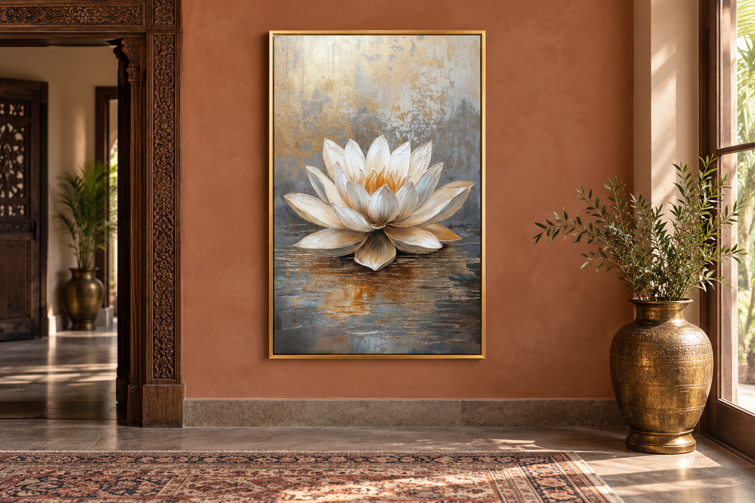 Vertical canvas print of a white and gold lotus flower on a textured grey and gold background.