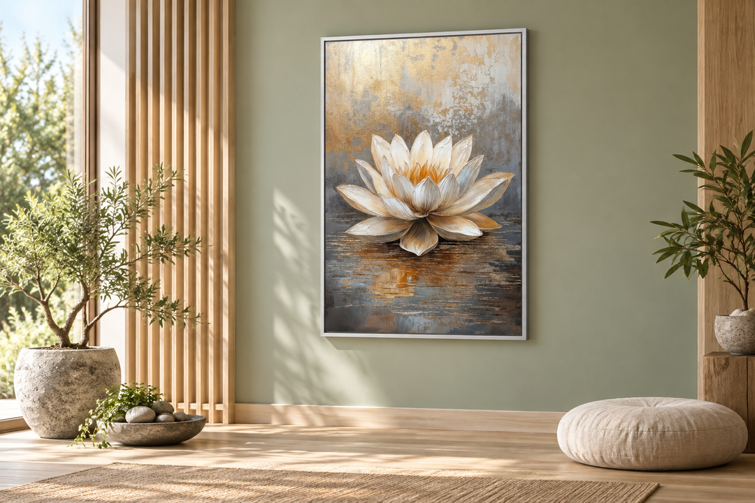 Vertical canvas print of a white and gold lotus flower on a textured grey and gold background.