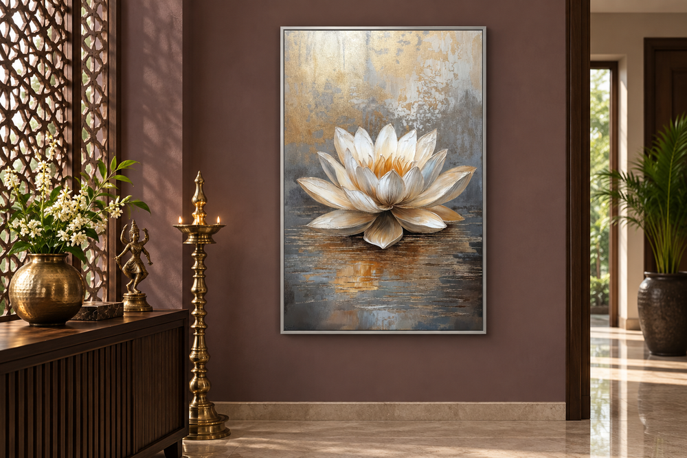 Vertical canvas print of a white and gold lotus flower on a textured grey and gold background.